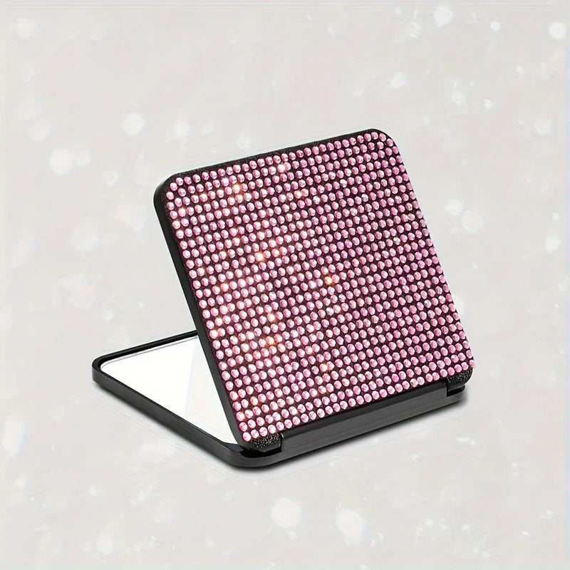 1PC Sparkling Rhinestone Portable Folding Makeup Mirror - Dual-Sided Square Design for Purses & Handbags, Make Up Mirror