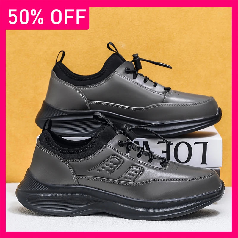 Men Sneakers Fashion Lace Up Wear-resistant High-quality Leather Sneakers Spring Thick Soled Non Slip Casual Shoes Large Size