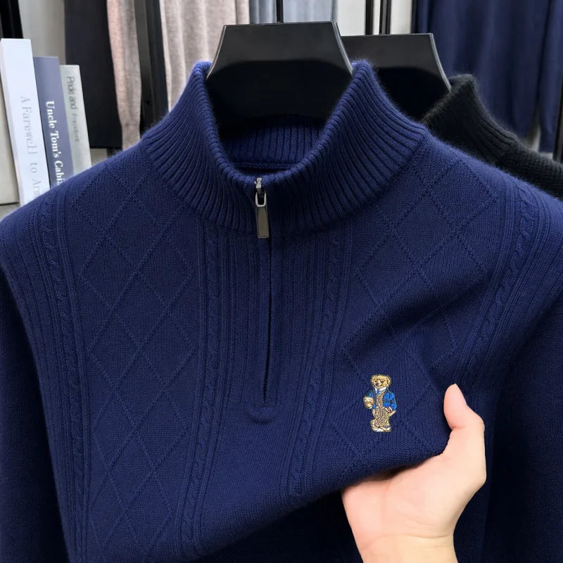 Original Style Man Long-Sleeved Knitwear Mock Neck Zipper Bear Embroidery Autumn Winter New Pullover Leisure Fashion Men Sweater