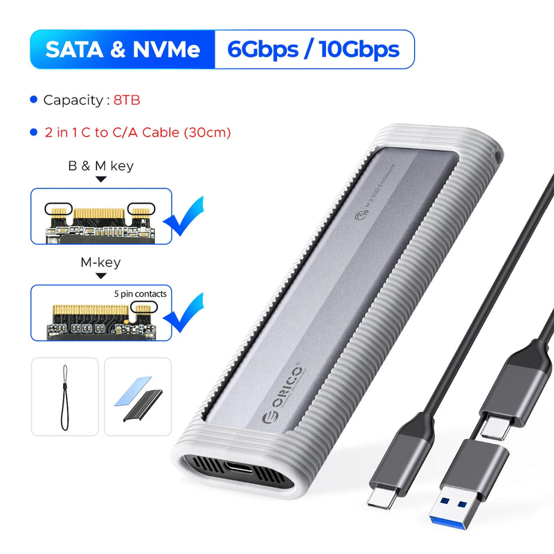 ORICO M.2 NVMe SATA SSD Enclosure Tool-Free USB External 10Gbps M.2 NVMe to USB Adapter Support UASP for PCIe NVMe and SATA SSD