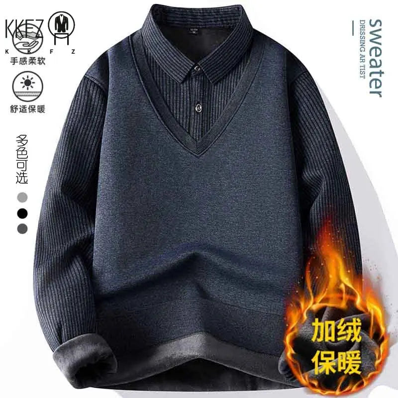 Elastic Knitted Pullover Men Collared Fake Two Piece Full Inner Fleece Thermal Vertical Stripe Long Sleeve Basic Everyday Wear