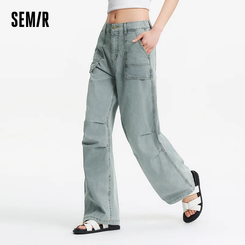 Semir Women Pants Denim Drawstring Cool Feeling Loose Workwear American Street Style Cool Wide Leg 2026 Summer Fashion Top