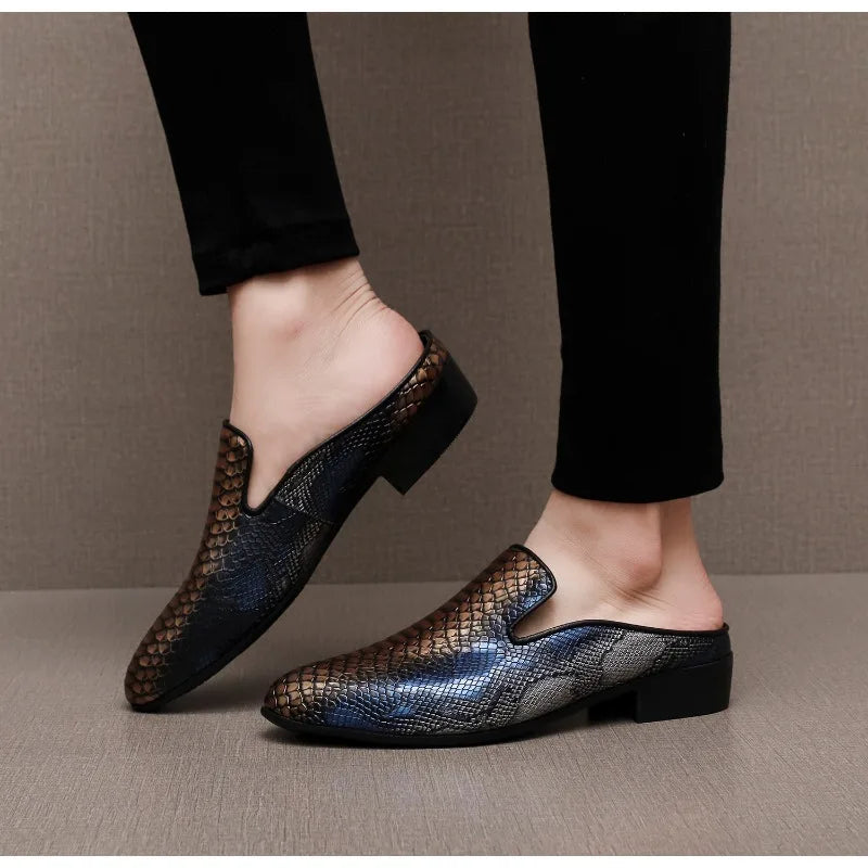 Big Size Mens Backless Mules Pointed Toe Slip on Loafers Men Low Heel Python Pattern Half Slippers Party Dress Shoes