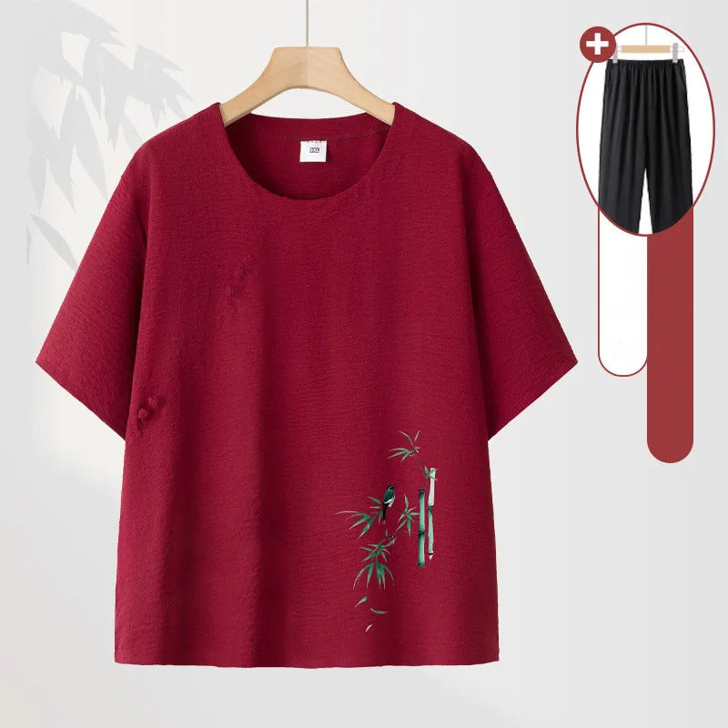 ឈុតអាវយឺតដៃខ្លី XL-4XL រដូវផ្ការីក រដូវក្តៅ ខោ ឈុតសម្រាប់ស្ត្រី សម្លៀកបំពាក់នៅផ្ទះ កប្បាស ឈុតពីរដុំសម្រាប់ម្តាយវ័យកណ្តាល