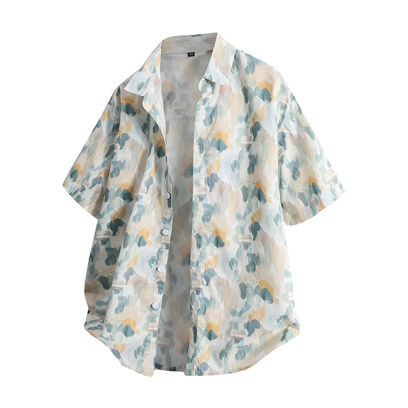 Summer Men's Short-sleeve White Printed Shirt, a Stylish and Casual Cotton Shirts, Available in Blue, Green, and Orange.