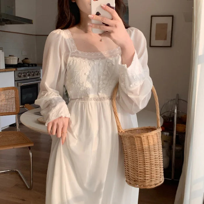 Spring Autumn French Nightgowns For Women Sleep Shirt Long Sleeved Mesh Modal Sleepwear Women's Nightwear Sweet Night Dress