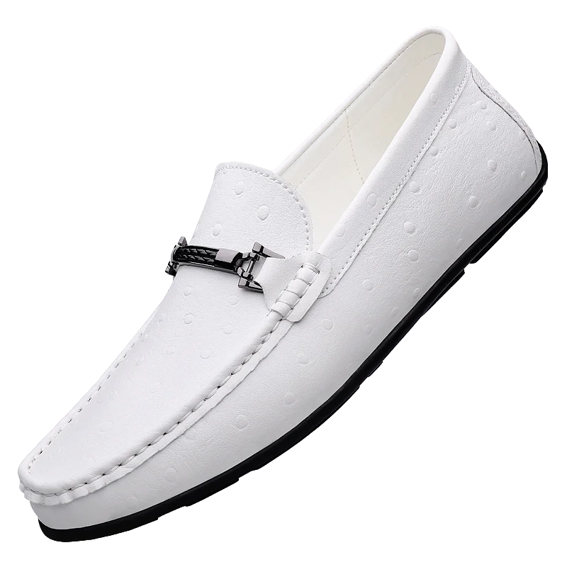 Men's Ostrich Embossed Loafers, PU Leather Slip On Driving Shoes with Metal Buckle, Orange/White/Black Casual Shoes