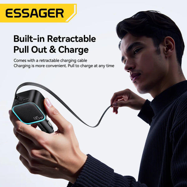 ឆ្នាំងសាករថយន្ត ESSAGER 45W ជាមួយខ្សែរ 75CM អាចដកថយបាន PD សាកថ្មលឿន 3 រន្ធ USB C & A សម្រាប់ iPhone 17 16 15 Huawei iPad