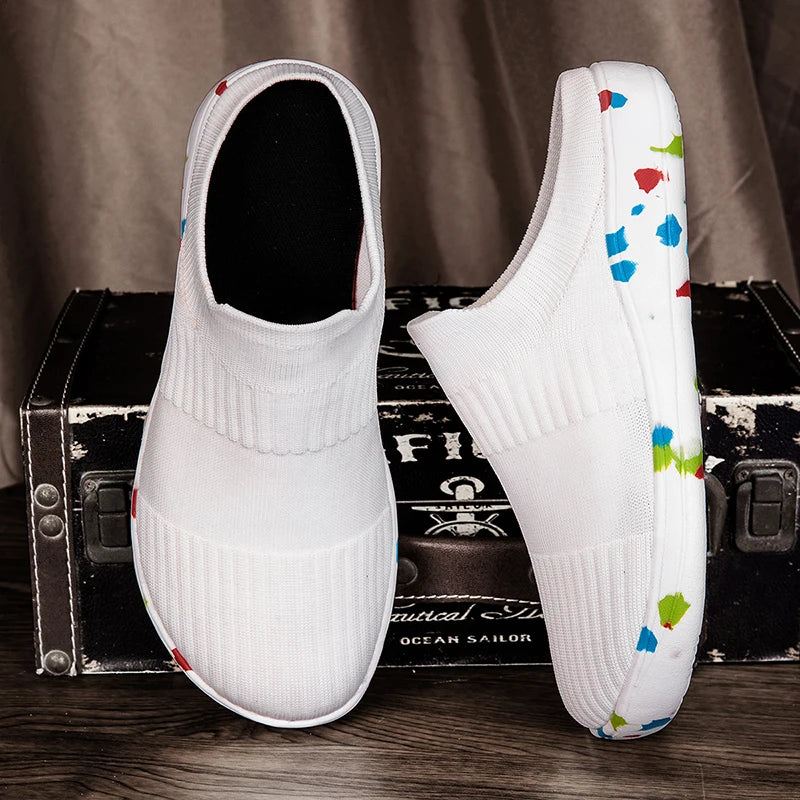 Summer Breathable Wide Foot Half Shoes Men Slip On Casual Wide Toes Shoes Half Slippers White Black Big Size 47 48