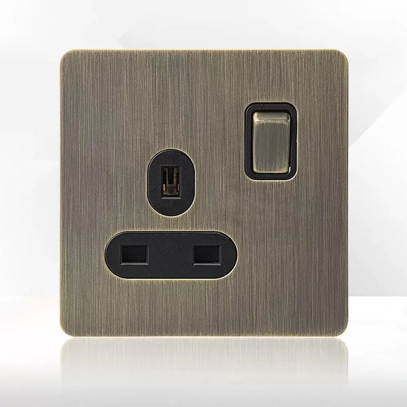 Retro Metal Brushed Antique Stainless Steel Push Button Switch Panel UK 13A Socket with USB Phone Charging for Home Improvement