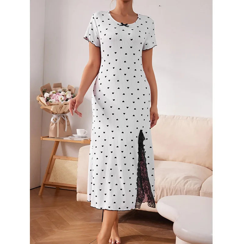 Elastic Slim Fit Nightdress Women's Nightgown Round Neck Short Sleeve Large Size Split Fork Sleepwear Medium Long Summer Dress