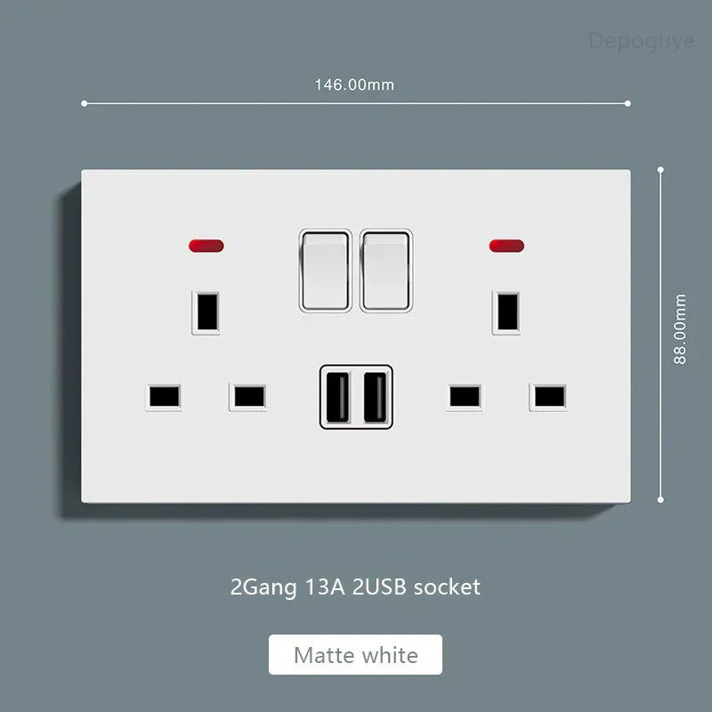 UK Standard Power Socket 13A Quick charge Plug 20W Smart Type-C Wall Outlet,220V Electrical Universal Wall Light 2way Switch
