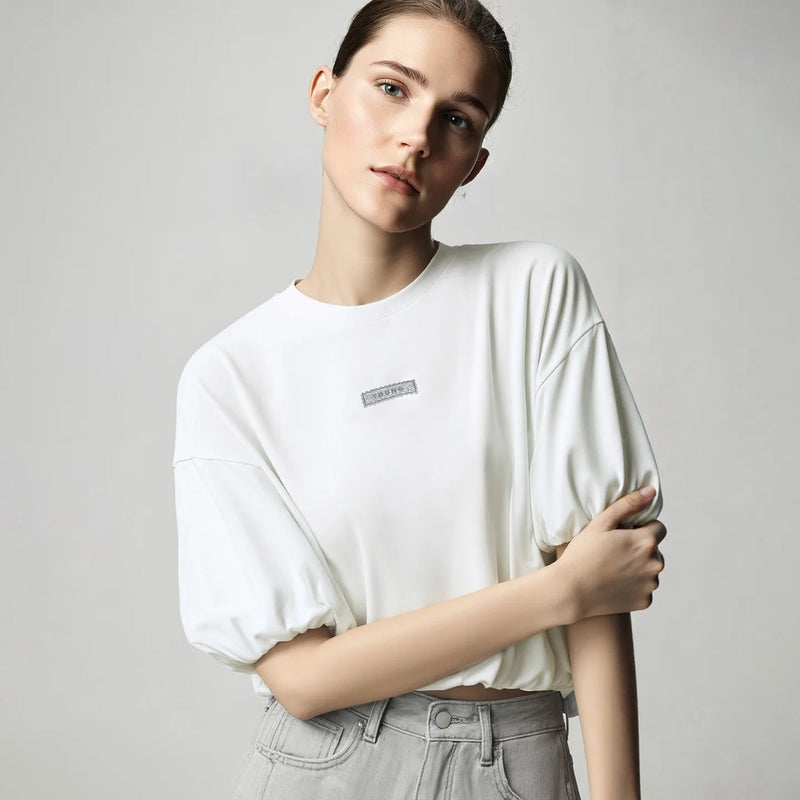 Amii Short Sleeve Tee 2026 Summer New Round Neck Drop Shoulder Cotton Top Loose Fit Embroidered Short T-Shirt For Women 12652005