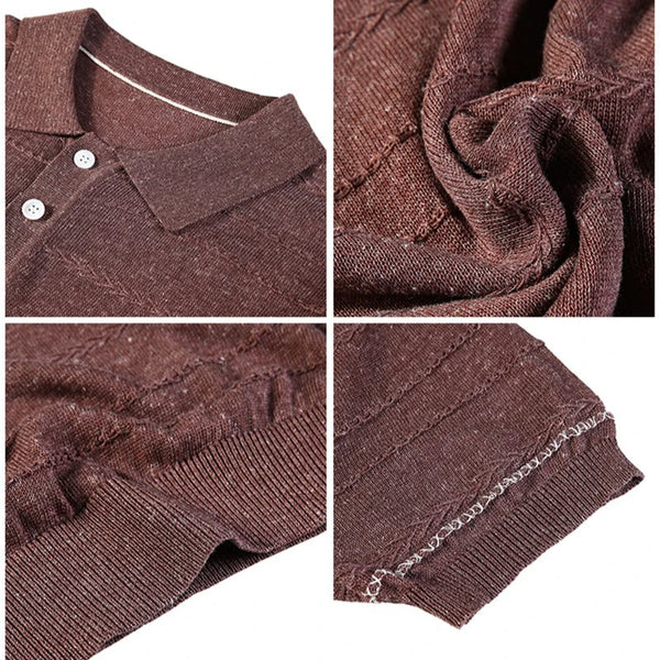 Men's Two-Tone Linen Blend Knit Polo Shirt – Summer Breathable Textured Short Sleeve with Collar for Casual & Smart Wear