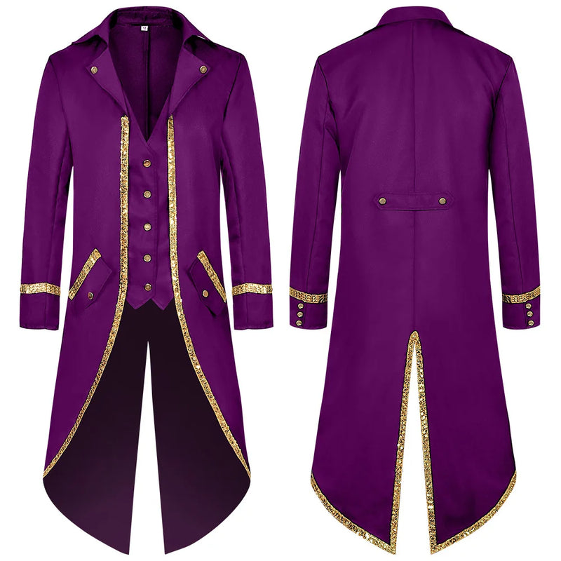 Blue Men's Halloween Trench Coat, Gold-trimmed Tailcoat with Patchwork Detailing, Medieval Mid-length Jacket, Punk-style Tops