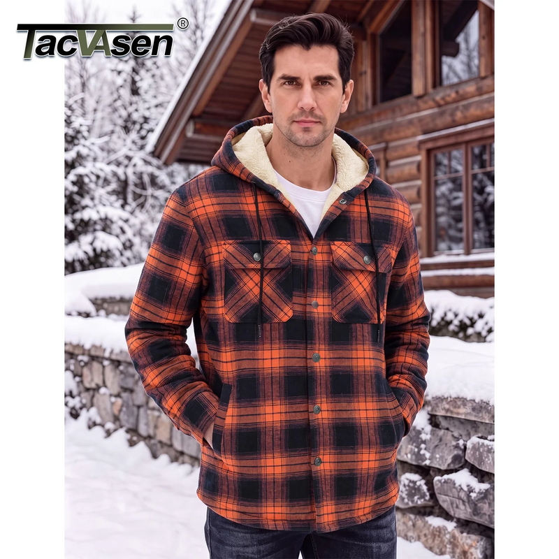 TACVASEN Mens Sherpa Lined Flannel Hoodies Jacket Heavyweight Hooded Fleece Thicken Warm Button Down Plaid Jacket Outwear Coats