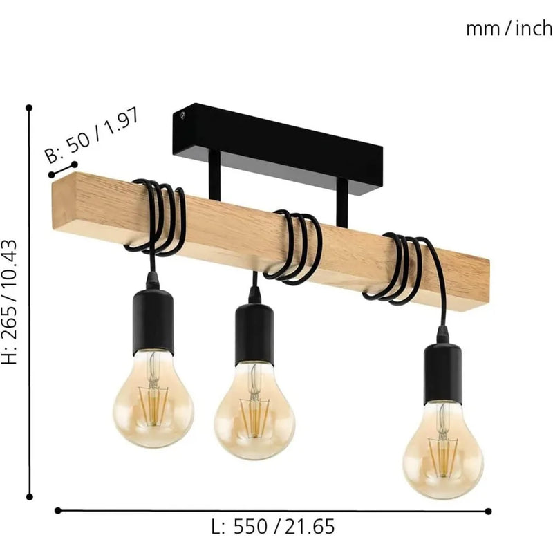 ចង្កៀងពិដានឈើ JOYINLED 3 អំពូល E27 ធ្វើពីដែកខ្មៅ ចង្កៀងពិដានបន្ទប់ទទួលភ្ញៀវ ចង្កៀងតុបតែងពិដានព្យួរ
