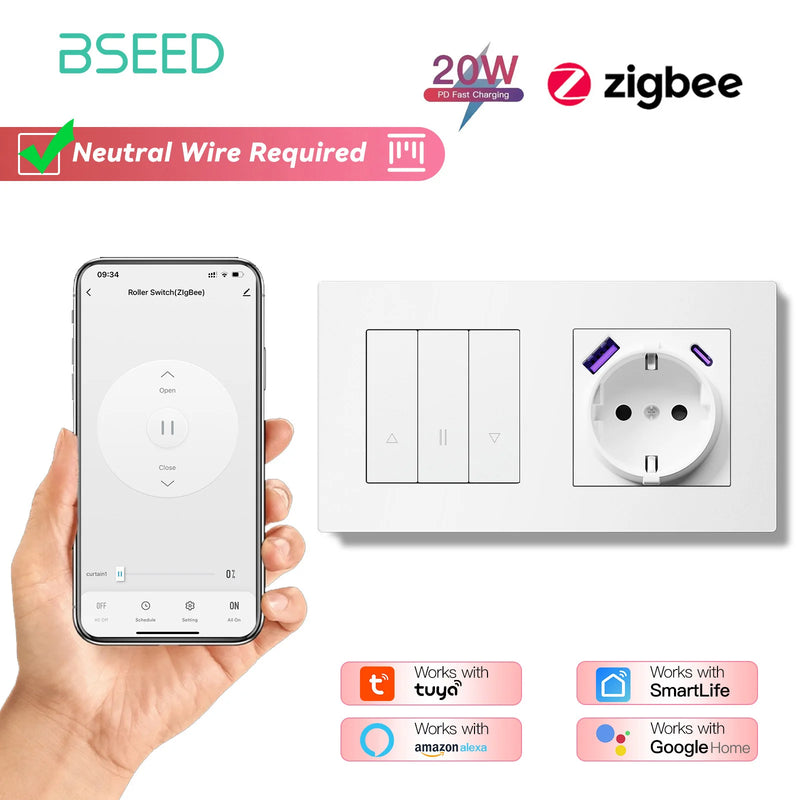 BSEED E Series Zigbee Shutter Switch Smart Click Button Switch for Blinds Plastic Frame Support Tuya Smart Life Alexa Control
