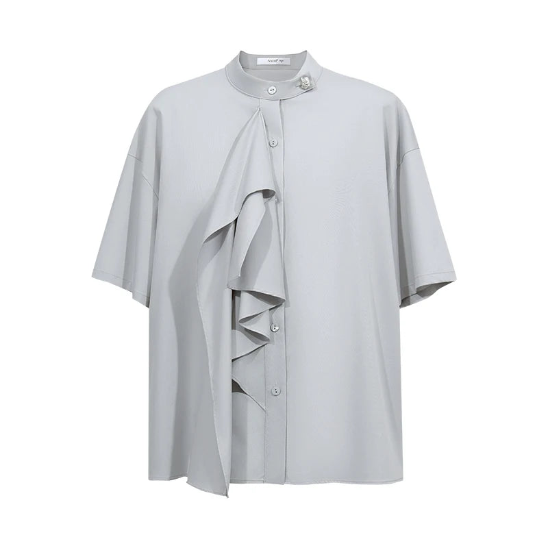 Amii Women Shirt 2026 Summer New Stand Collar Tie Drop Shoulder Short Sleeves Blouse French Style Elegant Chiffon Top 12642105