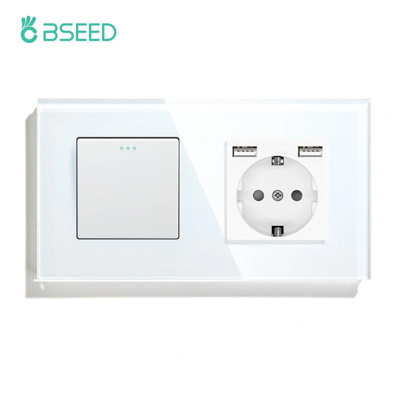 BSEED EU Standard Wall Button Switch 1/2/3Gang 1Way Wall Power Socket Glass Frame Mechanical Switches Home Improvement