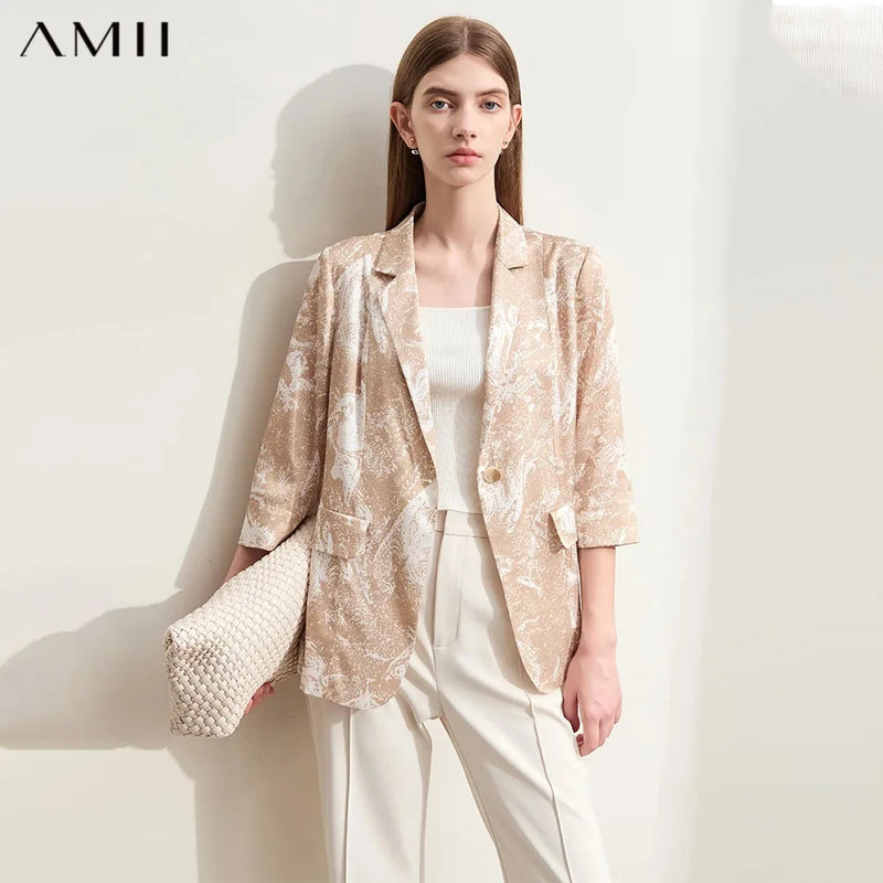 AmII Minimalism Silk Blazers 2026 Summer Notched Printed Basic Fashion Jacket Three Quarter Women Office Lady Blouse 12452146
