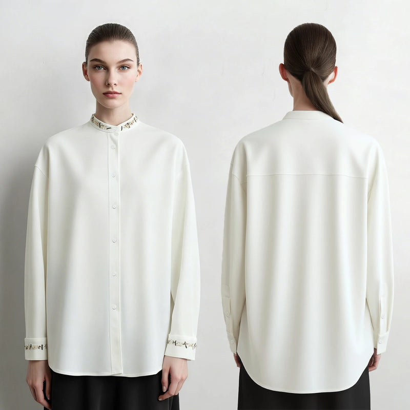 Amii Women Shirts 2026 Autumn New Loose-Fit Stand Collar Shirt Knitted Drop-Shoulder Long Sleeve Tops Casual Blouse 12623022