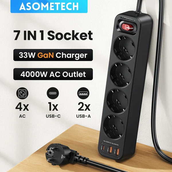 ឌុយភ្លើង EU 4000W រន្ធដោត 4AC ច្រើនរន្ធ ជាមួយខ្សែ USB 4 ប្រវែង 1.5 ម៉ែត្រ រន្ធដោតអគ្គិសនី PD 33W សាកថ្មលឿន ឧបករណ៍ការពារការកើនឡើង