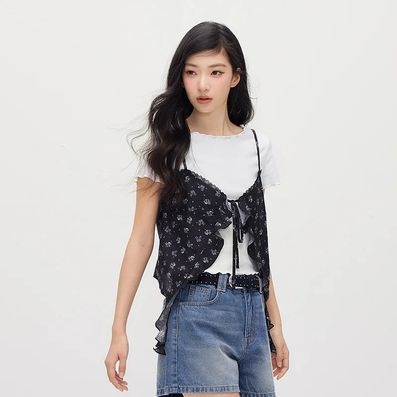 Semir Women Set Short Length Lace Tshirt Floral Textured Slip Vintage Sweet 2026 Summer Casual Fashion Top