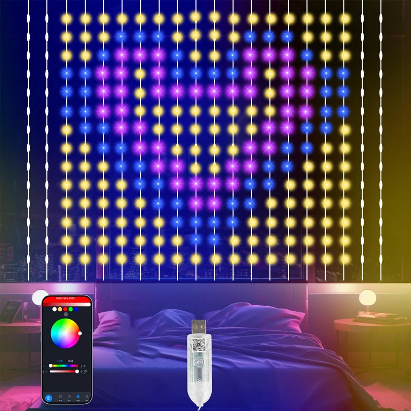 ភ្លើងខ្សែ LED RGB ដំណើរការដោយ USB ភ្ជាប់ជាមួយតន្ត្រី ភ្លើងវាំងននបុណ្យណូអែល ការគ្រប់គ្រងកម្មវិធី ចង្កៀងទេពអប្សរ DIY សម្រាប់តុបតែងពិធីជប់លៀងបុណ្យណូអែល និងបុណ្យហាឡូវីន