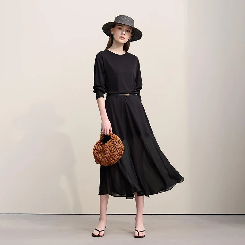 រ៉ូប Amii Womens រដូវស្លឹកឈើជ្រុះឆ្នាំ ២០២៦ រ៉ូបថ្មីឆើតឆាយ លំនាំប៉ាក់ អាវក្រណាត់ Chiffon រាងអក្សរ H រលុង សំពត់វែងធម្មតាសម្រាប់នារី 12621063