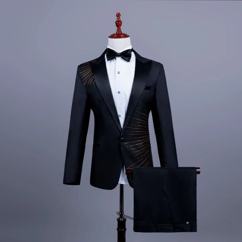 Men's Black Tuxedo Set with Diamond Embellished Jacket and Matching Trousers in White for Choirs/Stage Performances/Weddings