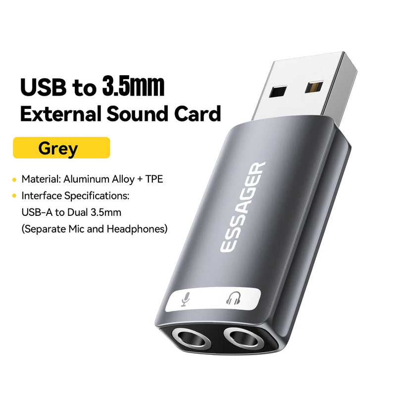 កាតសំឡេង Essager USB អាដាប់ទ័រ USB ខាងក្រៅ 3.5mm កាសស្តាប់ត្រចៀក មីក្រូហ្វូន ឧបករណ៍បំពងសម្លេង ចំណុចប្រទាក់អូឌីយ៉ូសម្រាប់កាតសំឡេងកុំព្យូទ័រកុំព្យូទ័រយួរដៃ PS4