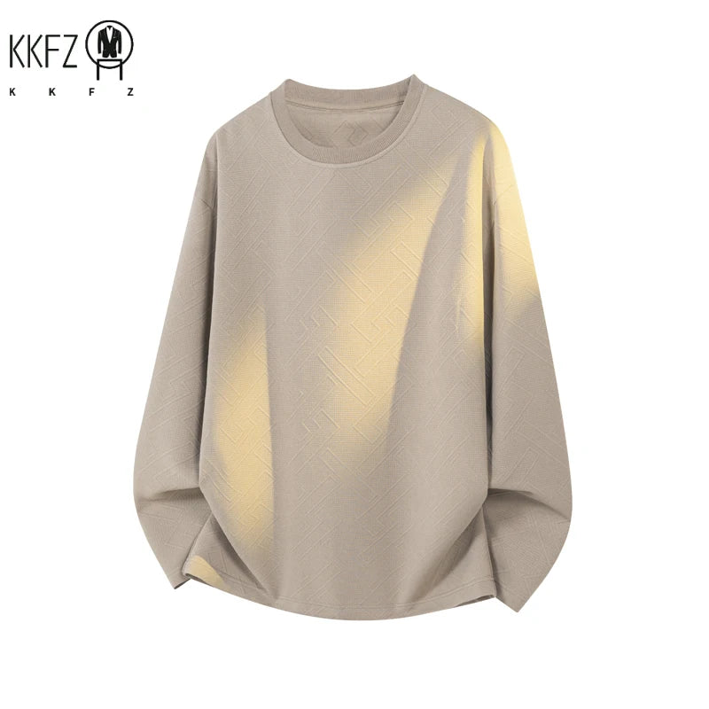 Mens Round Neck Long Sleeve Top Geometric Raised Texture Jacquard Fabric Loose Fit For Office Commute Leisure Outfit