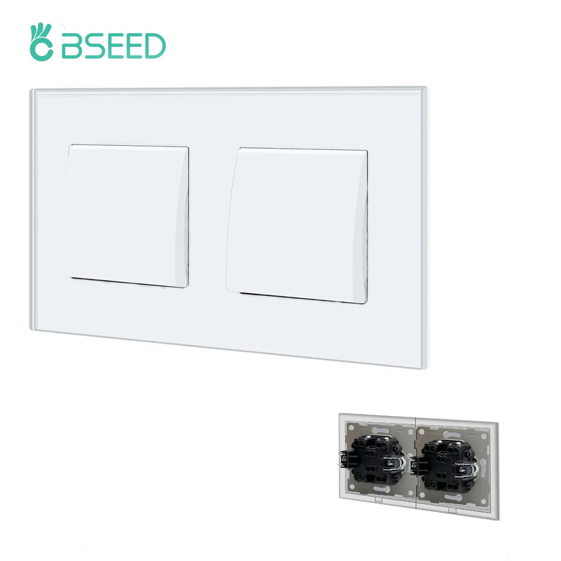 BSEED EU Standard Wall Light Switch 1/2Gang 1/2Way Toggle Switch Glass Panel White Color Wall Switch On Off 10A 250V for Stairs