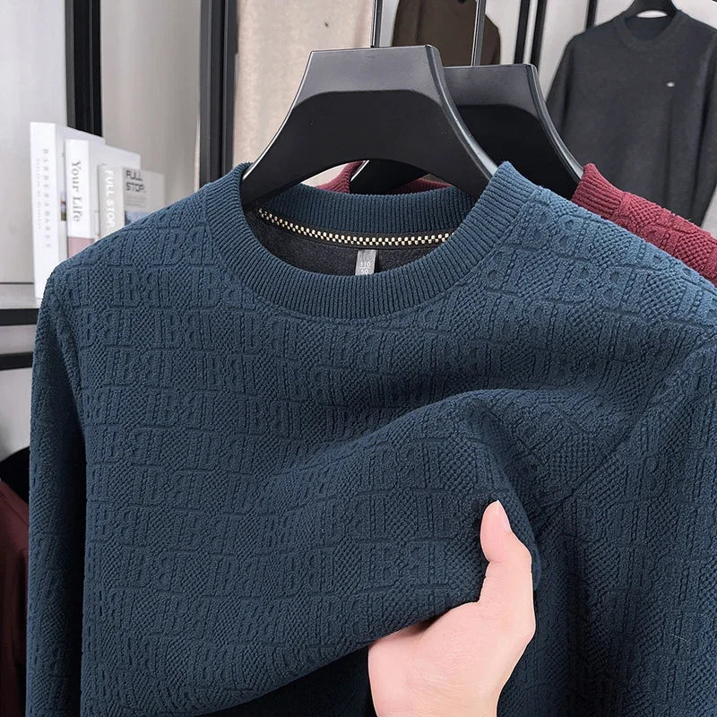 Mens Winter Long Sleeve Knit Top All Over Embossed Pattern Fleece Lined Round Collar Comfort Business Shirt