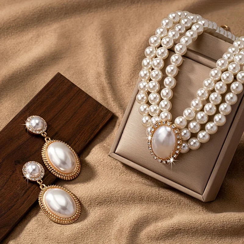 Stylish Imitation Pearl Necklace and a Pair of Stylish Imitation Pearl Pendant Earrings for Women's Set