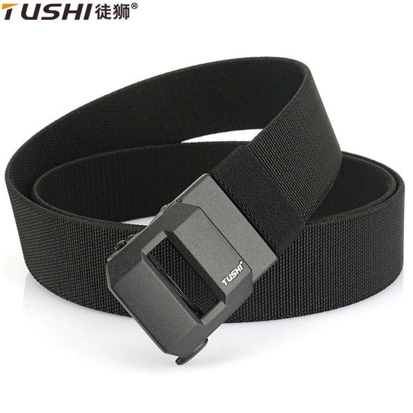 TUSHI New Golf Sports Elastic Belt Tactical Belt Metal Automatic Buckle Stretch Nylon Men Military Belt 120-150CM Big Size Belts