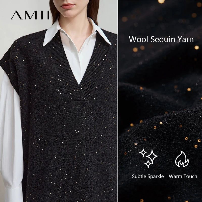 AMII Minimalist Woman Sleeveless Knit Dress 2026 Fashion V-Neck Loose Sequins Dress Luxury Office Lady One-Piece Dress 12523121