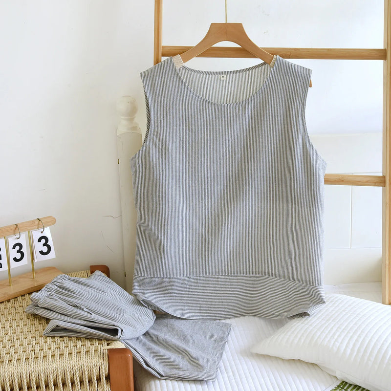 Thin Sleeveless Pyjamas Woman Summer Pajamas Sleepwear Women's Cotton Gauze Pure Color 2 Piece Set Night Wear For Ladies Pijama