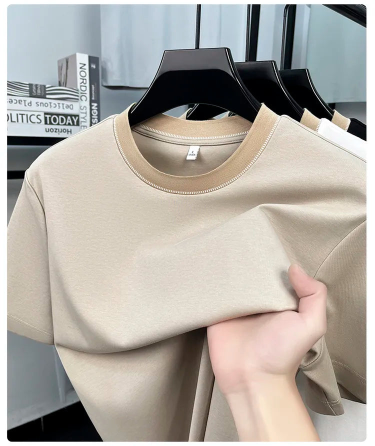 Men's 2026 Spring Summer Contrast Collar T-Shirt, Soft Cotton Blend, Round Neck Short Sleeve, Smart Casual Daily Wear