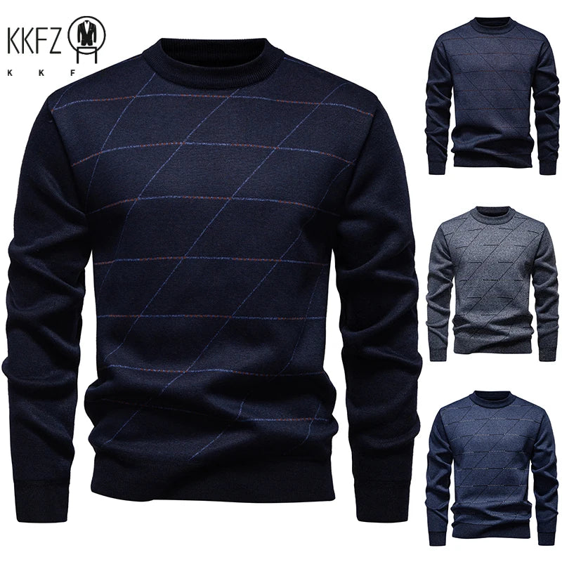 Diagonal Grid Pattern Male Knitted Top Fleece Lined Crew Neck Business Casual Long Sleeve Cold Season Knit Jumper