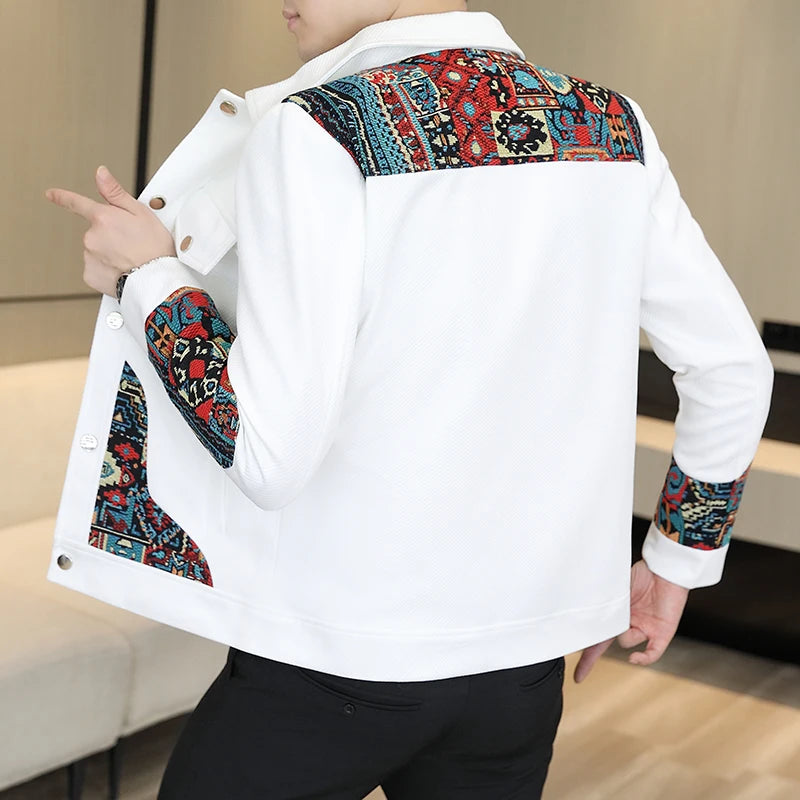 2026 Men's Long-Sleeve Collared Jacket for Fall, Black Patchwork-Detailed Outerwear, Asian Fit Slim-Cut Top Coats.
