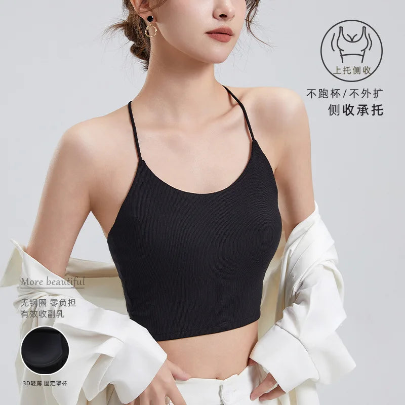 One Piece Beautiful Back Underwear Chest Pad Umbilical Sling Vest Women's Sleepwear Base Shirt Modal Female Pajamas Tops