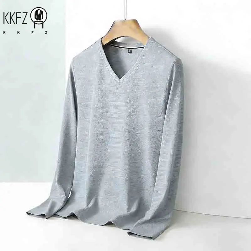 2026 New Men's Brown V-neck Long Sleeve Shirt Casual Business Commute Top for Office