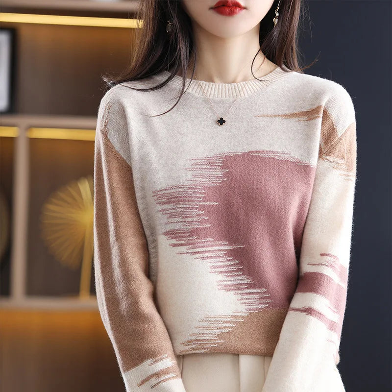 Female Jumper Round Neck Contrasting Color Sweater For Women Autumn Winter New Korean Version Knit Shirt Loose Pullovers Tops