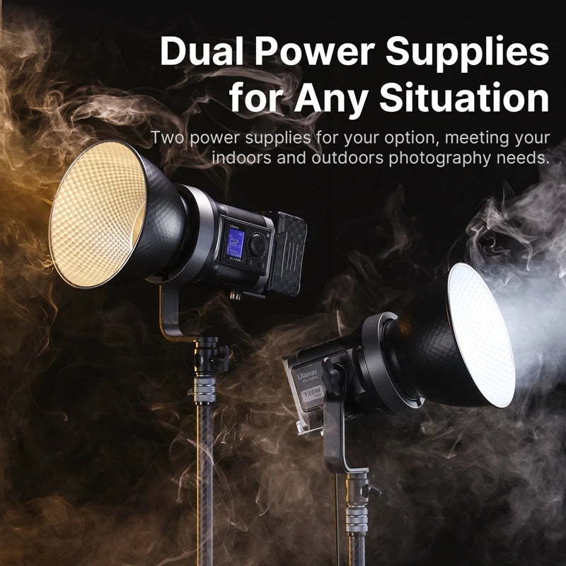 ភ្លើងវីដេអូ Ulanzi VL-120C 120W V-Mount RGB ពណ៌ពេញ COB បញ្ជាដោយឥតខ្សែ APP 2700K-6500K សម្រាប់ការថតវីដេអូក្នុងស្ទូឌីយោ