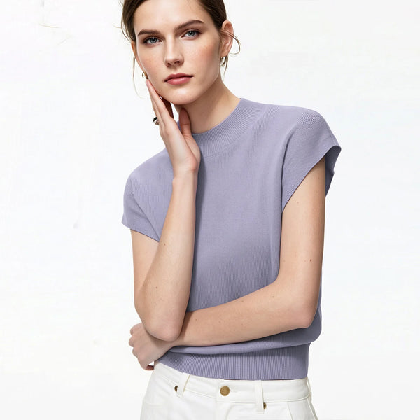 Amii 2026 Summer New Women Mock Neck Knit Pullover Soild Cropped Short Sleeves Top Slim Fit Casual Elegant Sweater 12622210