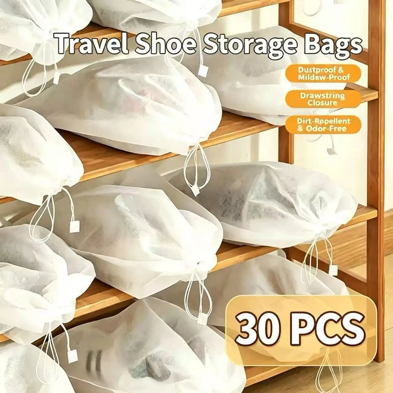 Disposable Non Woven Shoe Storage Bags with Drawstring, Dust Proof Hanging Shoe Organizer Pouches for Travel Closet Outdoor Use