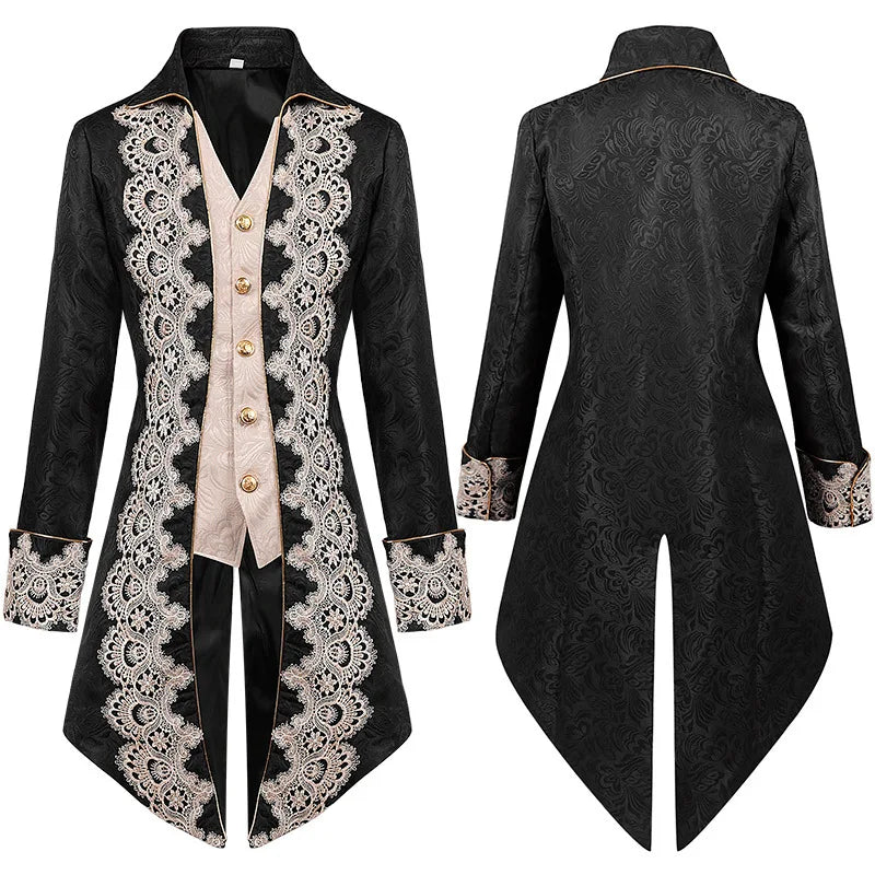 New Fall Men's Long Trench Coat with Lace Accents, Featuring A Medieval Gothic-style Top Jacket. 2026-2027