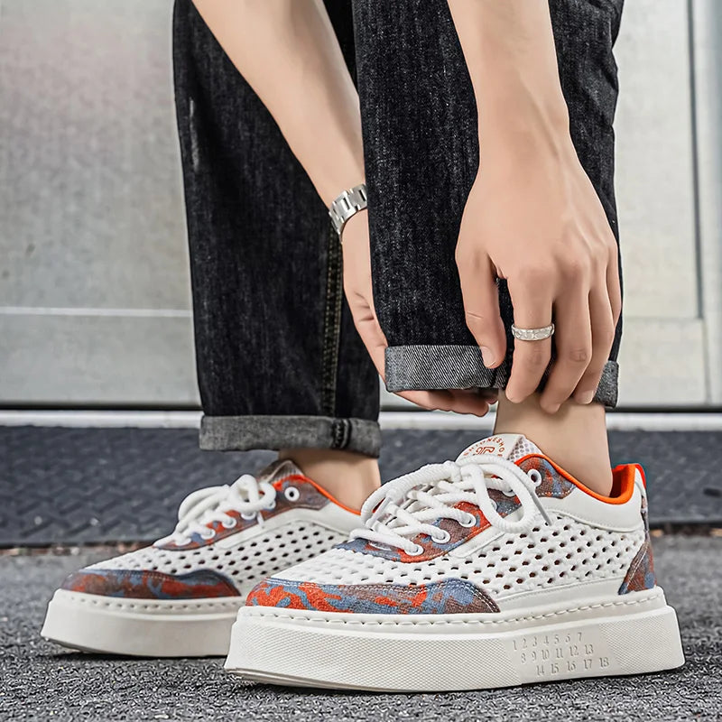 Men's mesh hollow thick-sole casual shoes summer soft-sole comfort breathable outdoor flat walking shoes youth sports board shoe